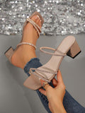 Nude taupe square toe rhinestone mule sandals with mid block heel