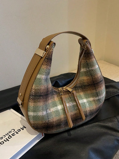 Crescent Moon Plaid Armpit Bag: Dual-Color Fashion Statement in Coffee