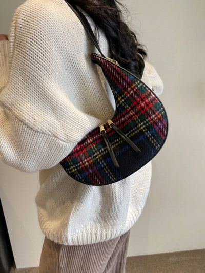 Crescent Moon Plaid Armpit Bag: Dual-Color Fashion Statement in Coffee