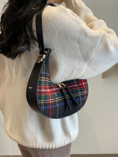 Crescent Moon Plaid Armpit Bag: Dual-Color Fashion Statement in Coffee