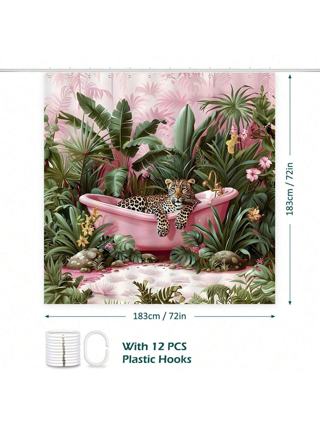 Add a splash of wild fun to your bathroom with this stylish pink leopard pattern shower curtain. Waterproof and easy to clean, it keeps your space dry while bringing trendy flair. Complete with sturdy hooks, it’s ready to hang and transform your shower into a chic jungle retreat.