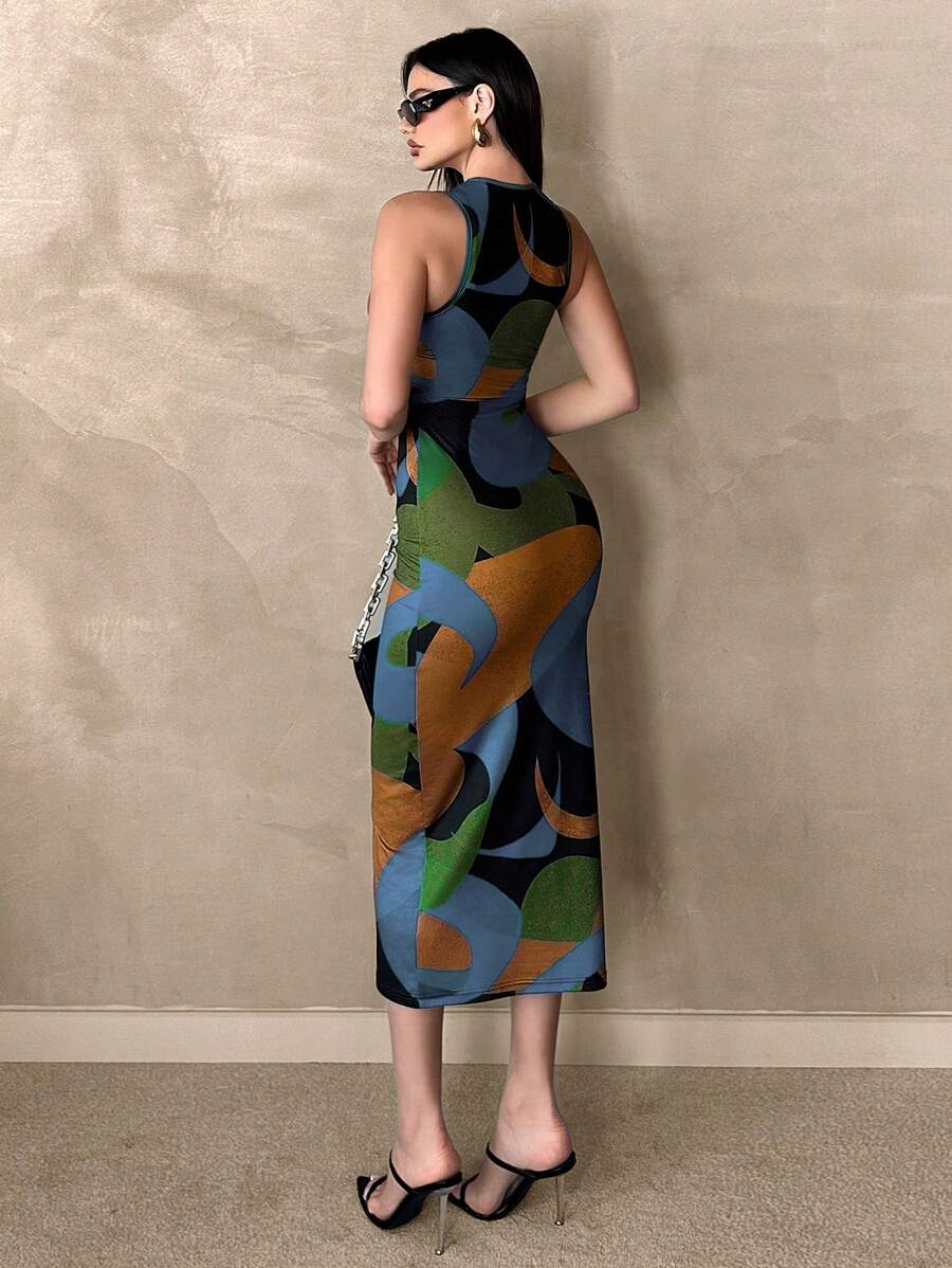 Front view of green orange and blue abstract print bodycon midi dress