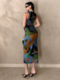 Rear angle of green abstract print sleeveless bodycon midi dress