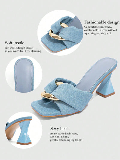 Chic Blue Pyramid Heeled Mules with Metallic Accents for Stylish Women