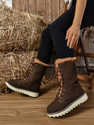 Chic & Cozy Women's Reversible Mid-Calf Snow Boots – Fleece-Lined & Lace-Up for Ultimate Winter Style