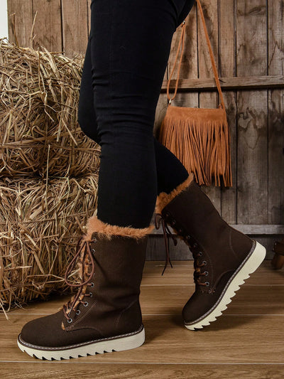 Chic & Cozy Women's Reversible Mid-Calf Snow Boots – Fleece-Lined & Lace-Up for Ultimate Winter Style