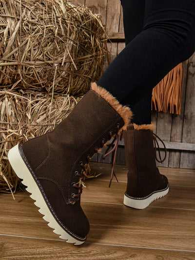 Chic & Cozy Women's Reversible Mid-Calf Snow Boots – Fleece-Lined & Lace-Up for Ultimate Winter Style