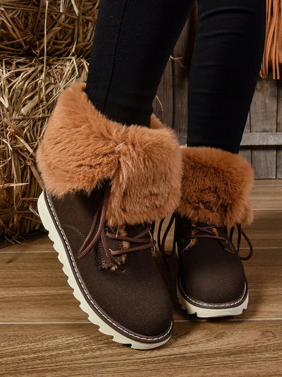 Chic & Cozy Women's Reversible Mid-Calf Snow Boots – Fleece-Lined & Lace-Up for Ultimate Winter Style