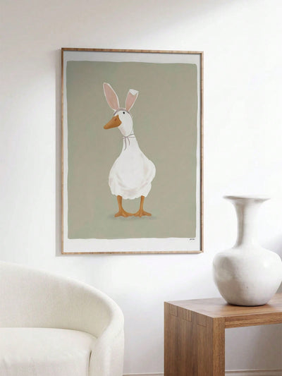 Whimsical Easter Duck with Bunny Ears: Vintage Unframed Canvas Wall Art