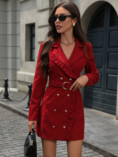 Chic Commuter Mini Dress: Stylish Ruffled Lapel with Cinched Waist