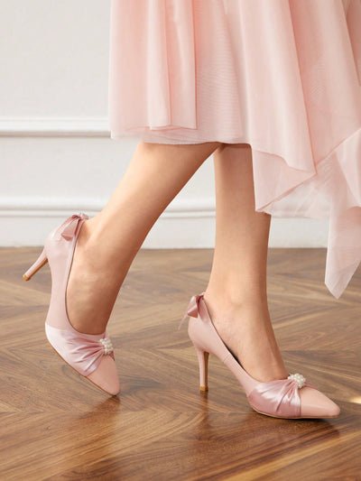 Elegant White Satin High Heel Pumps with Faux Pearl Button Bow Detail