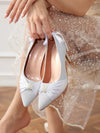 Elegant White Satin High Heel Pumps with Faux Pearl Button Bow Detail