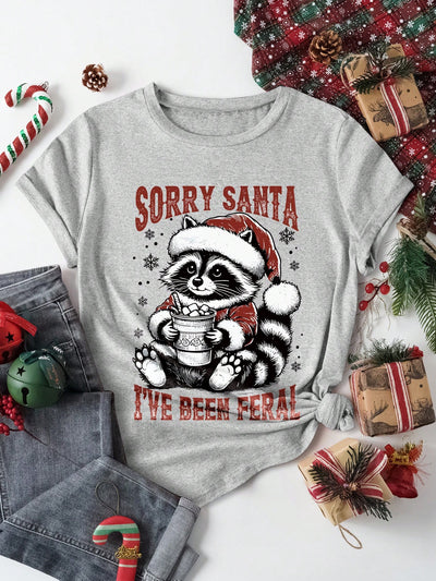 Festive Fun Women's Raccoon Print Christmas T-Shirt - Short Sleeve Casual Top