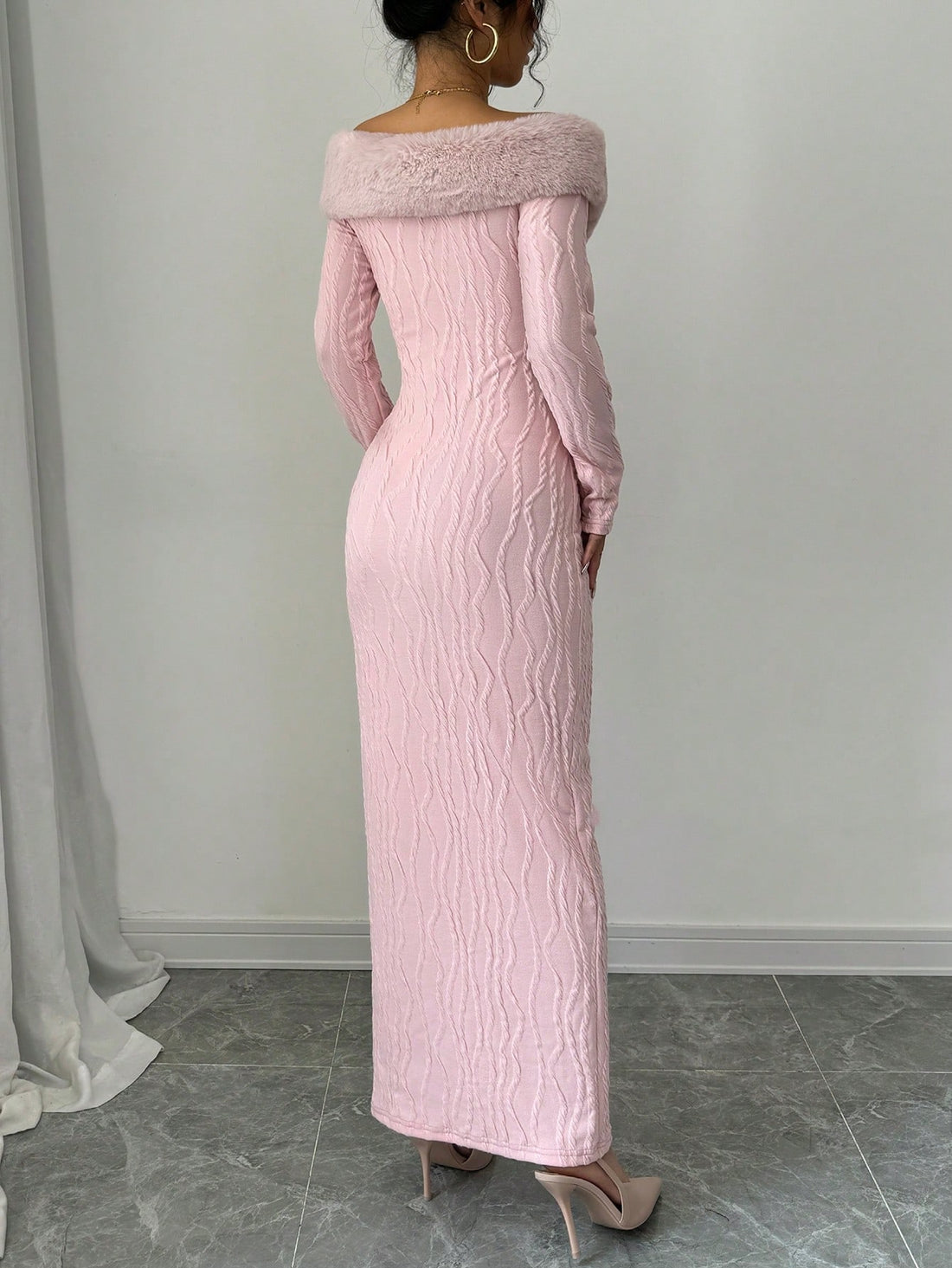 Elegant Off-Shoulder Fluffy Collar Dress with Tie Waist