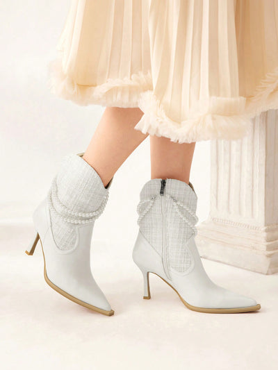 Chic Pearl Chain Ankle Boots: Stiletto Style for Fall/Winter Elegance