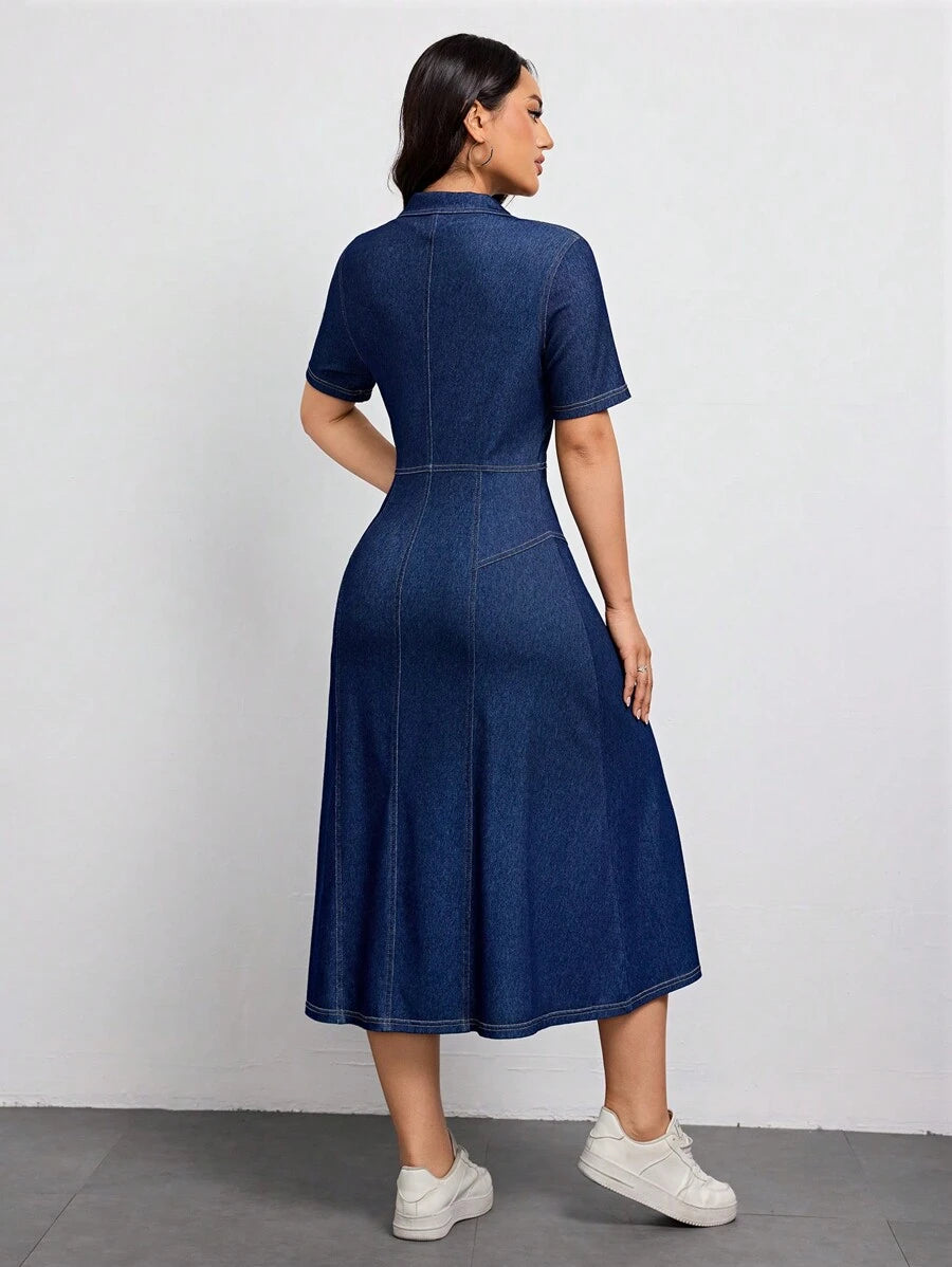 Step into cozy style with this Casual Autumn Denim Dress made for easygoing days. Crafted from stretchy knit fabric, it moves with you for all-day comfort. Front buttons add a flirty detail, while short sleeves keep it light and breezy. Perfect for layering or wearing solo, this dress is your new go-to for autumn adventures with a fun, relaxed vibe.