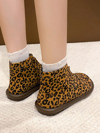 Chic Plus Size British Ankle Boots: Stylish Leopard Print & Comfy Flat Design