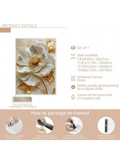 Elegant Golden Floral Canvas Art – Modern Wall Decor for Living Room & Bedroom