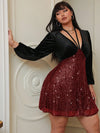 Elegant Plus Size Velvet Sequin Dress with V-Neck and Tie Front