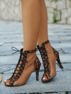 Chic Leopard Print Velvet High-Heel Ankle Boots - Breathable Lace-Up Design