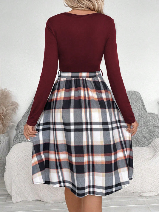 Chic Plaid Print Belted Long Sleeve Dress - Perfect for Any Occasion!