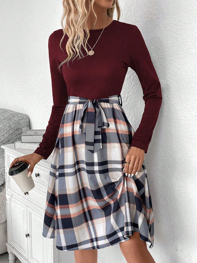 Chic Plaid Print Belted Long Sleeve Dress - Perfect for Any Occasion!