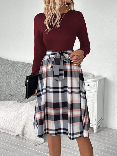 Chic Plaid Print Belted Long Sleeve Dress - Perfect for Any Occasion!