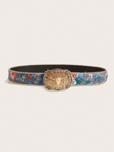 Trendy Blue Bull Denim Print PU Leather Belt - Versatile Accessory for Casual Wear