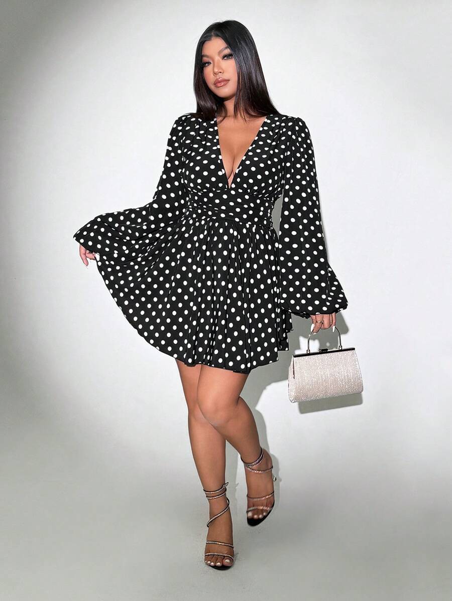 Step out in style with this Elegant Plus Size Polka Dot Lantern Sleeve Dress from the Celure Collection. Featuring a flirty deep V-neck and charming lantern sleeves, this dress combines comfort with a playful twist. The classic polka dot pattern adds a timeless touch, making it perfect for any occasion where you want to shine and feel fabulous.
