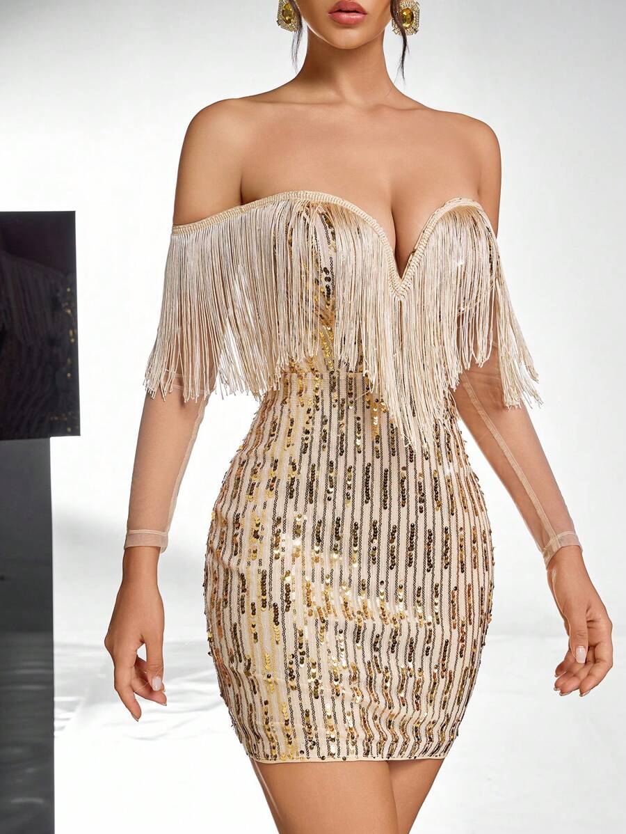 Turn heads with this Elegant Gold Glitter Tassel Fishtail Dress, perfect for making every evening event unforgettable. Its shimmering gold fabric catches the light beautifully, while playful tassels add a fun, dynamic flair. The fishtail silhouette flatters your figure and adds a touch of drama, ensuring you feel confident and radiant all night long. Dance, dazzle, and shine in a dress designed to celebrate you.