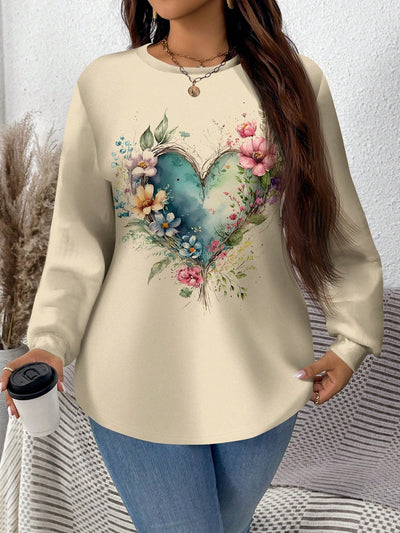 Cozy Chic: Plus Size Casual Minimalist Heart Print Sweatshirt for Autumn