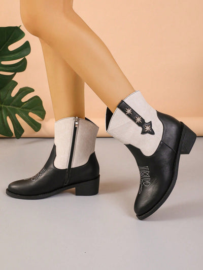 Chic Black Patchwork Plus-Size Embroidered Chunky Heel Ankle Boots