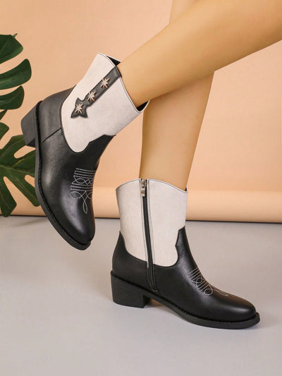 Chic Black Patchwork Plus-Size Embroidered Chunky Heel Ankle Boots