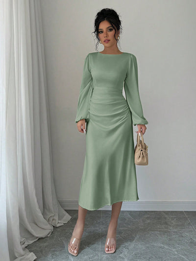 Elegant Autumn Pleated Lantern Sleeve Dress with Gathered Waist – Perfect Casual Style