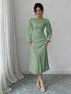 Elegant Autumn Pleated Lantern Sleeve Dress with Gathered Waist – Perfect Casual Style