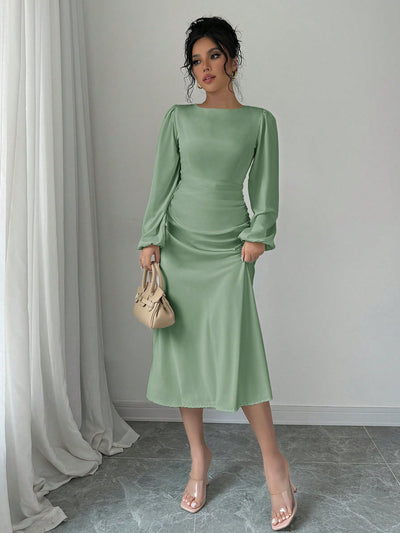 Elegant Autumn Pleated Lantern Sleeve Dress with Gathered Waist – Perfect Casual Style