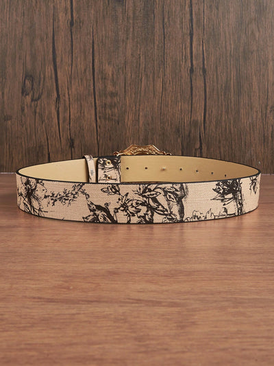 Chic Apricot Floral Print PU Belt – Versatile Accessory for Jeans, Shorts, and Dresses