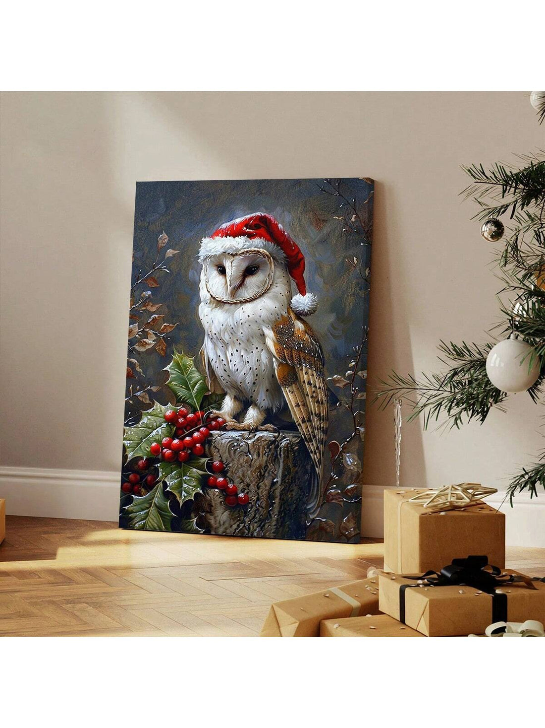 Unleash your holiday spirit with our Whimsical Christmas Owl Wall Art! This quirky and adorable piece is perfect for animal lovers, adding a touch of whimsy to your holiday decor. Made of high-quality materials, unframed for versatility. Bring joy and charm to your home this season!