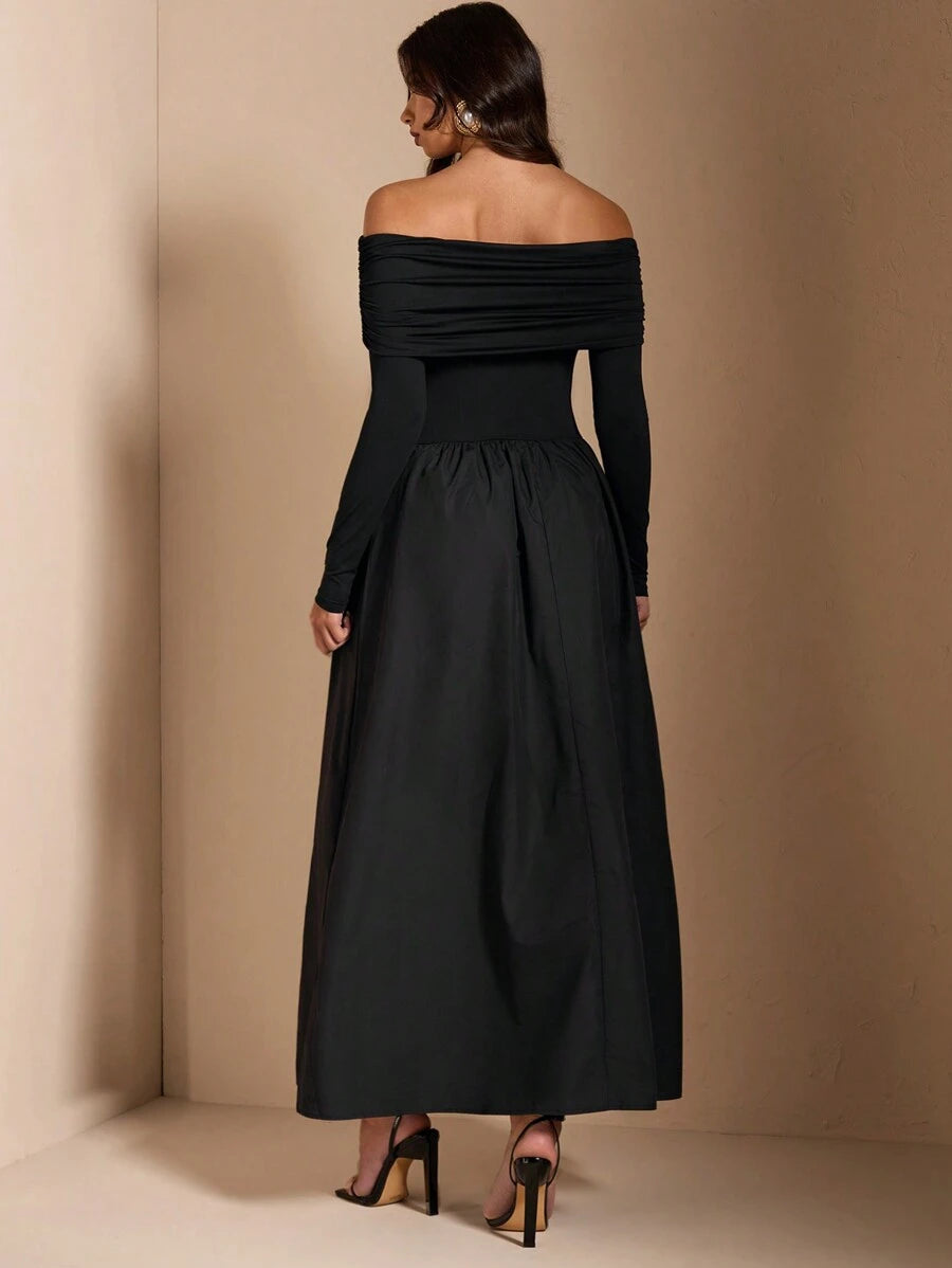 Black formal A-line dress back view