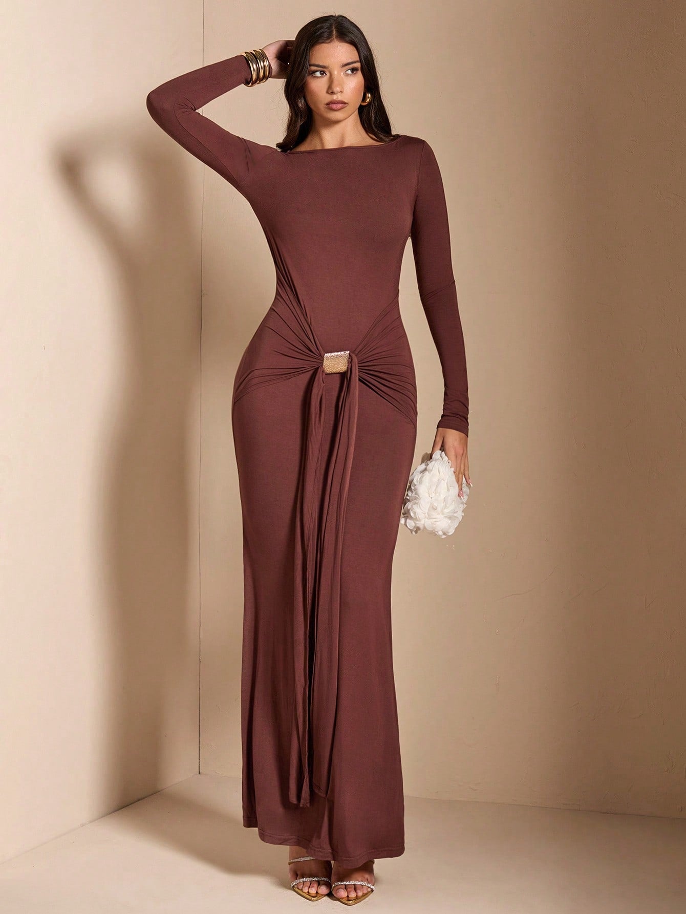 fitted lace wedding dress Elegant Brown Fishtail Midi Dress with Long Sleeves for Autumn-Winter –  Canary Houze