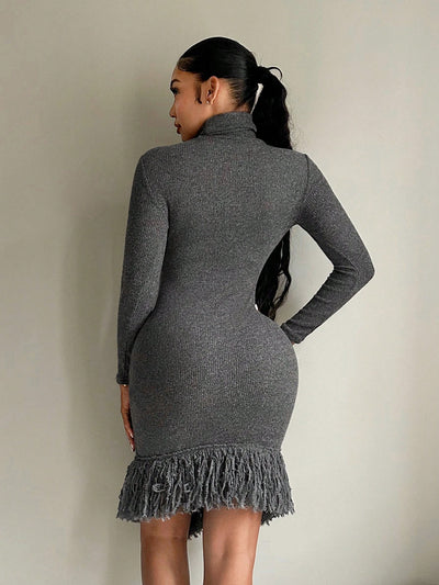 Elegant Asymmetrical High Neck Long Sleeve Dress - Perfect for Every Occasion