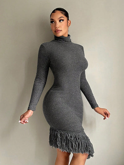 Elegant Asymmetrical High Neck Long Sleeve Dress - Perfect for Every Occasion