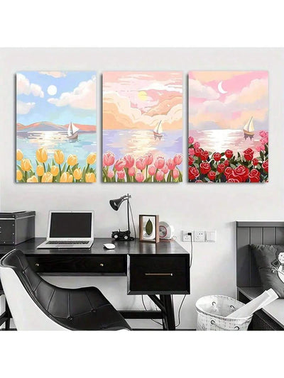 Botanical Bliss: 3-Piece Frameless Plant Wall Art Set for Modern Living Spaces