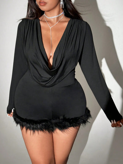 Chic & Cozy: Plus Size Solid Color Off-Shoulder Furry Insert Romper