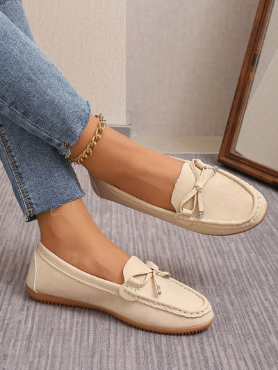 Chic Comfort: Handmade Beige Khaki Slip-On Loafers with Versatile Bow Details