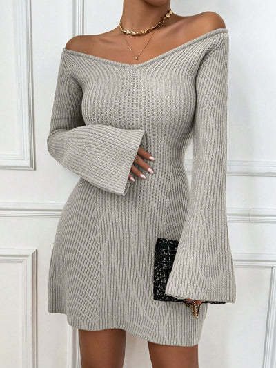 Cozy Chic: V-Neck Bell Sleeve Sweater Dress for Effortless Autumn Style