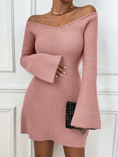 Cozy Chic: V-Neck Bell Sleeve Sweater Dress for Effortless Autumn Style