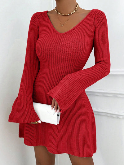 Cozy Chic: V-Neck Bell Sleeve Sweater Dress for Effortless Autumn Style