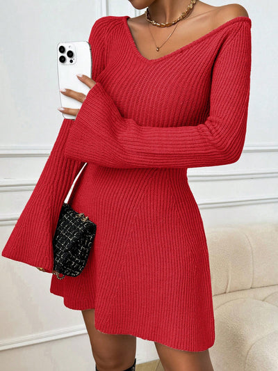 Cozy Chic: V-Neck Bell Sleeve Sweater Dress for Effortless Autumn Style