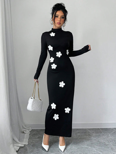 Chic Floral Minimalist Long Sleeve Dress with Stand Collar